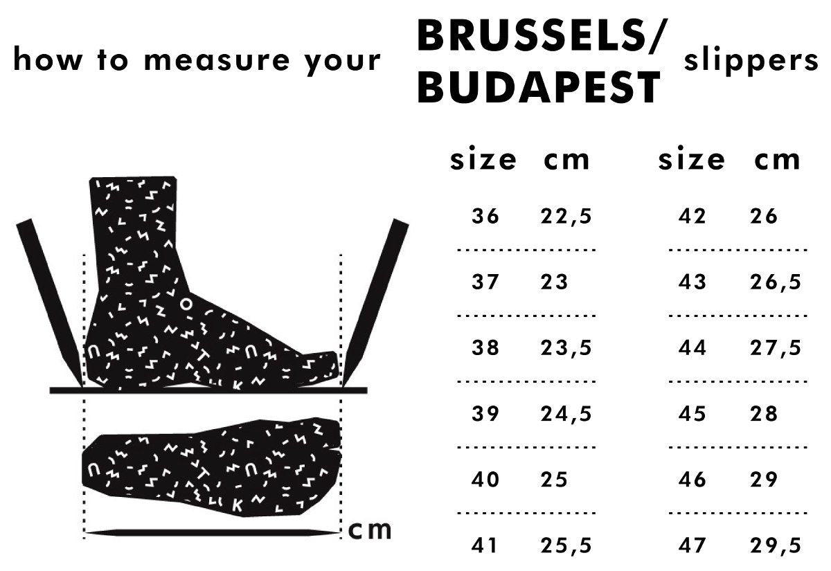 6. Size chart for Brussels/Budapest slippers showing measurements in cm for sizes 36 to 47