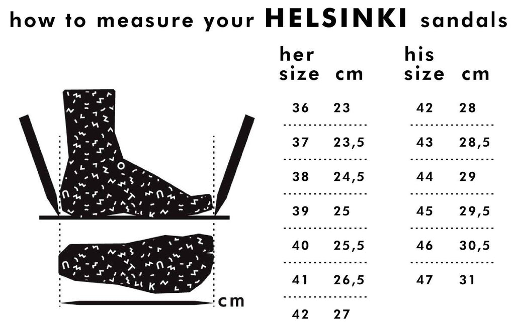 4. Size chart for Helsinki sandals, showing measurements in cm for her and his sizes