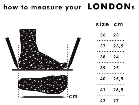 4. Size chart for Omaking London shoes, showing foot measurements in cm for sizes 36 to 42