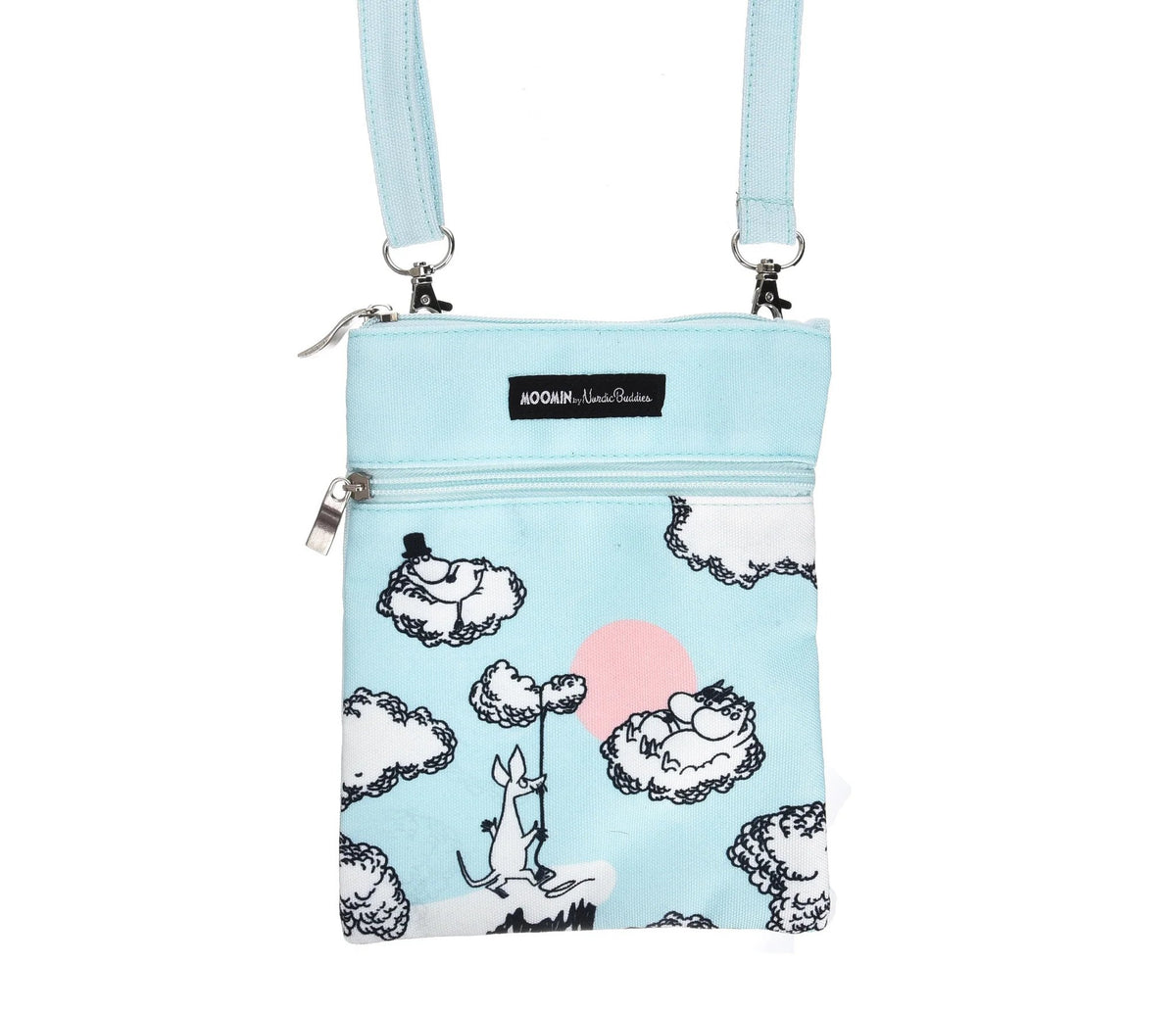1. Moomins Up In The Clouds turquoise passport neck bag with digital print design, front view showing multiple pockets and Moomin by NordicBuddies branding
