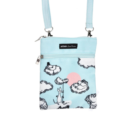 1. Moomins Up In The Clouds turquoise passport neck bag with digital print design, front view showing multiple pockets and Moomin by NordicBuddies branding