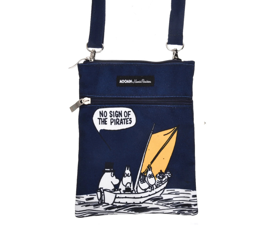 1. Moomin by NordicBuddies navy blue neck/passport bag with digital print of Moomins in a boat, featuring multiple pockets and durable canvas material