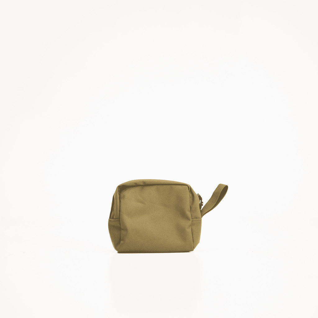 2. Side view of Galvi Linda military green toiletry bag, highlighting single zippered compartment and tactical look