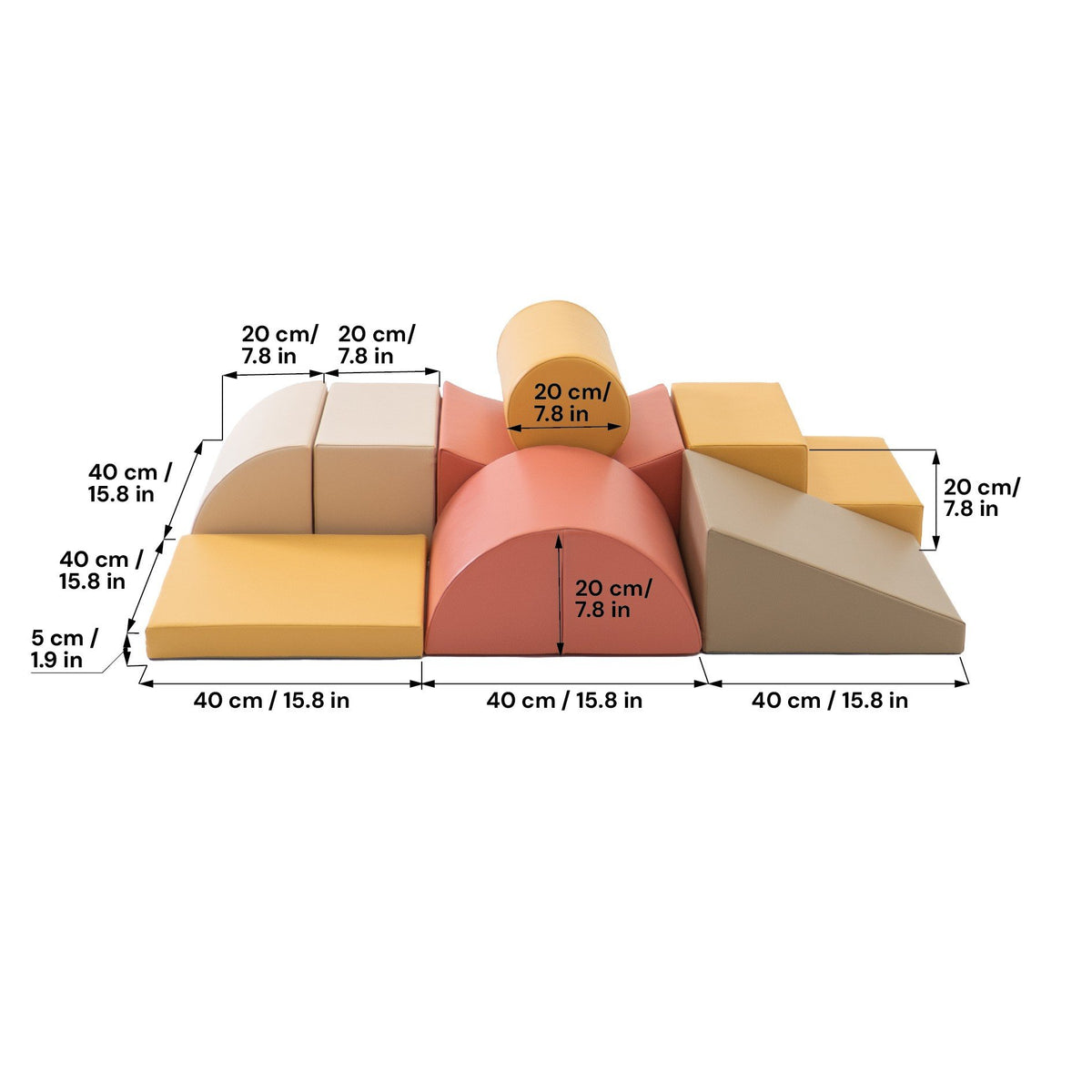 10. Size chart for IGLU Adventurer pastel pink foam block set with dimensions in centimeters and inches