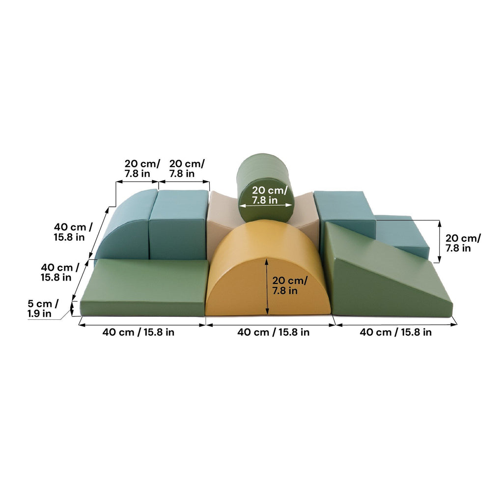 5. Size chart for IGLU Adventurer foam block set showing dimensions in centimeters and inches