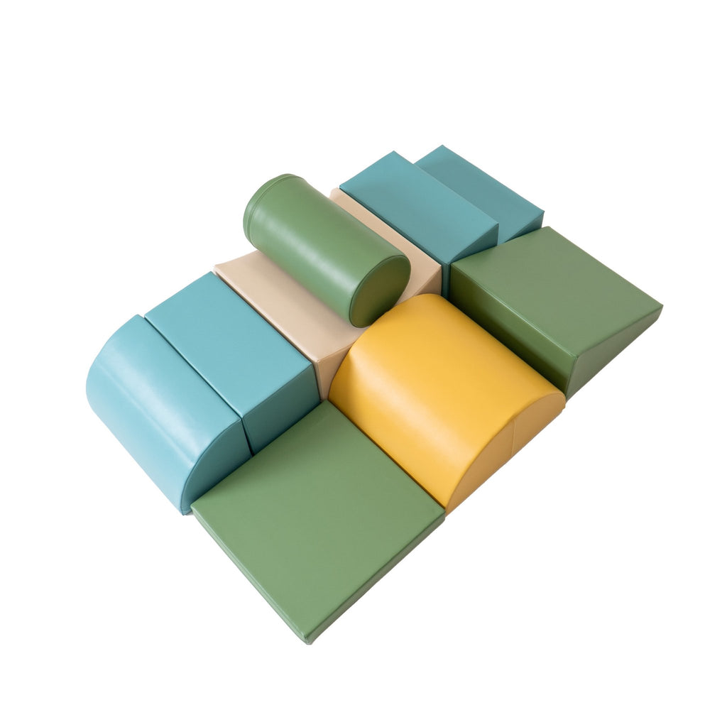 2. IGLU Adventurer foam block set in pastel colors viewed from above, showcasing various shapes