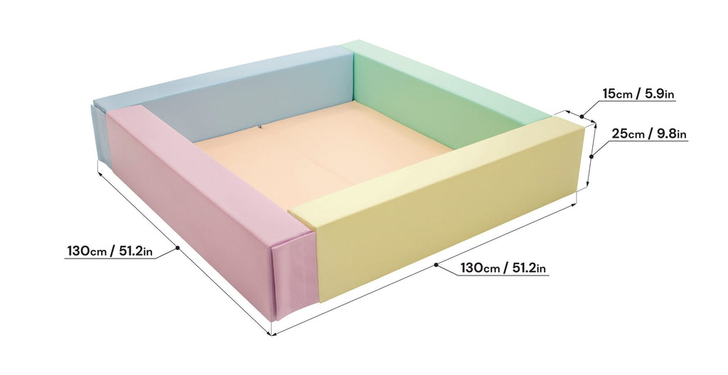 5. Size chart for IGLU light pastel foam ball pit showing dimensions in centimeters and inches