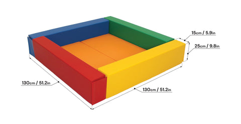 5. Size chart for IGLU soft play ball pit showing dimensions in centimeters and inches