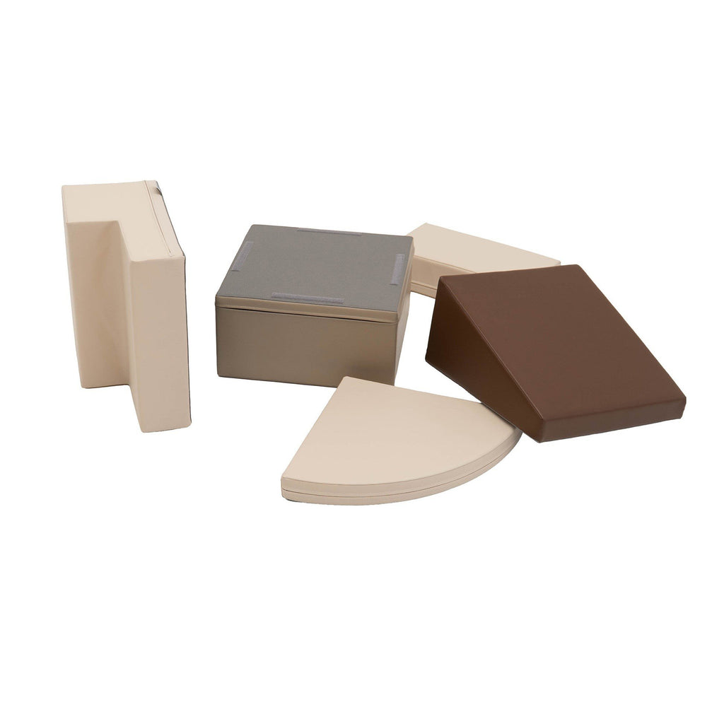 4. Flat lay of IGLU Corner Climber foam blocks in chocolate and beige, showing various shapes