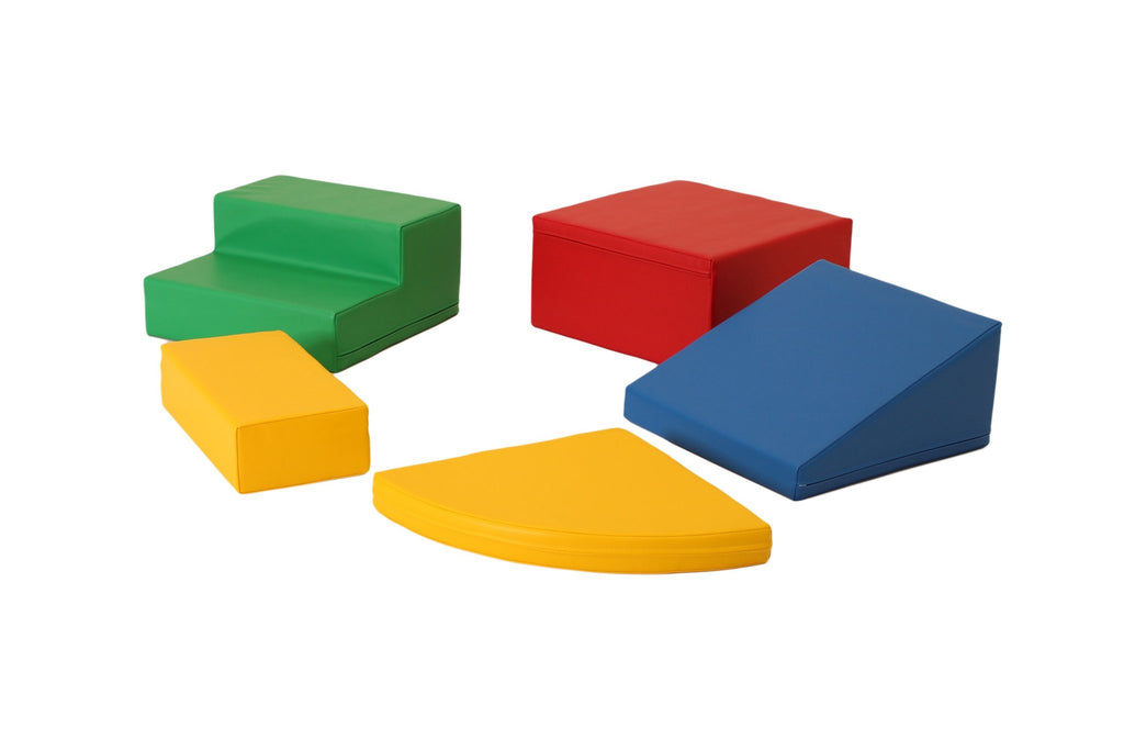 3. Five-piece multi-color foam block set separated and displayed on a white background