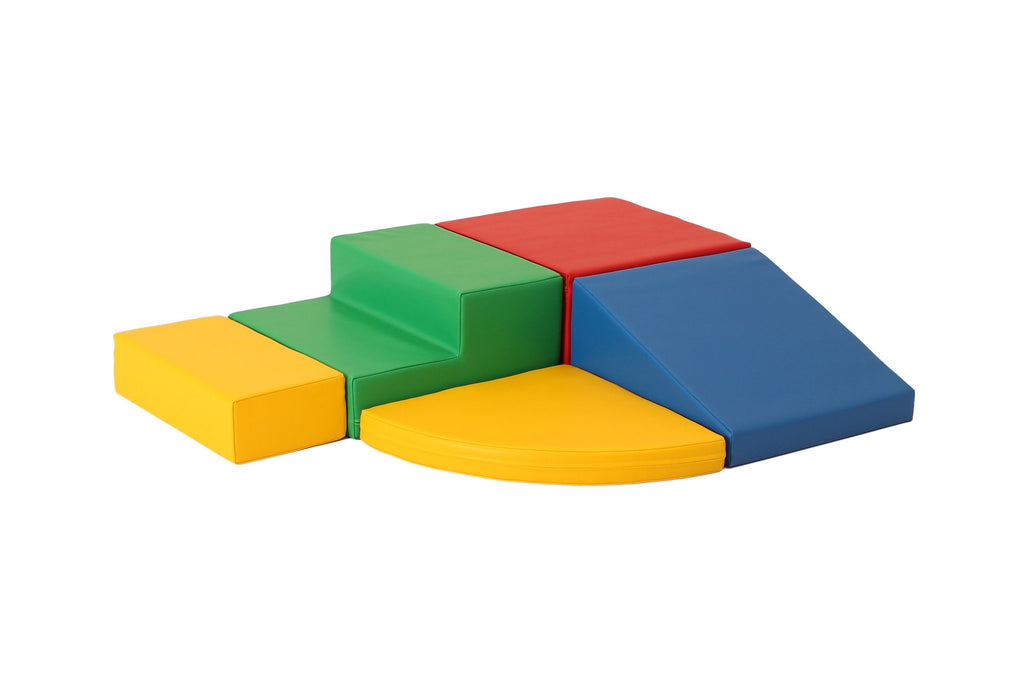 1. Multi-color foam block set arranged in a corner climber configuration on a white background