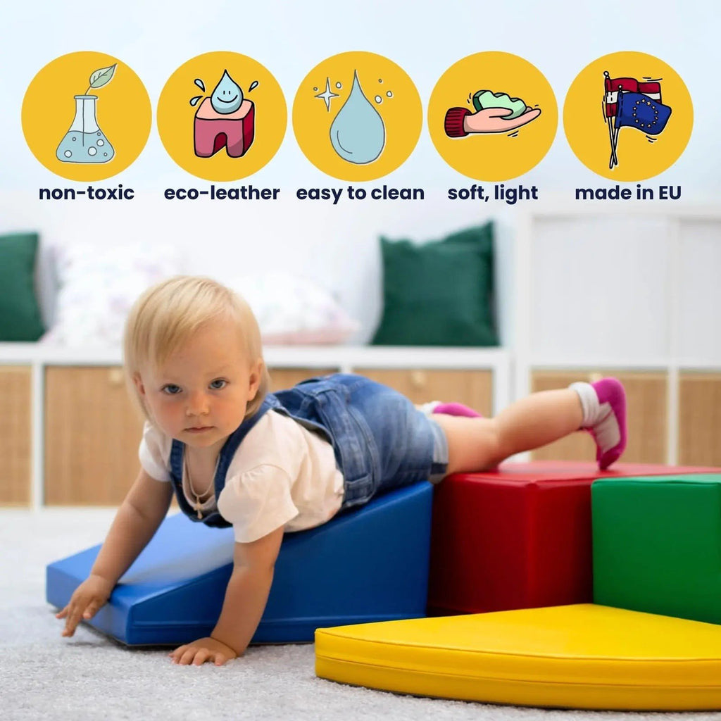 3. Toddler playing on colorful foam blocks with icons highlighting features like non-toxic and lightweight
