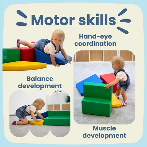 1. Toddler playing with multicolor foam blocks, enhancing motor skills and balance