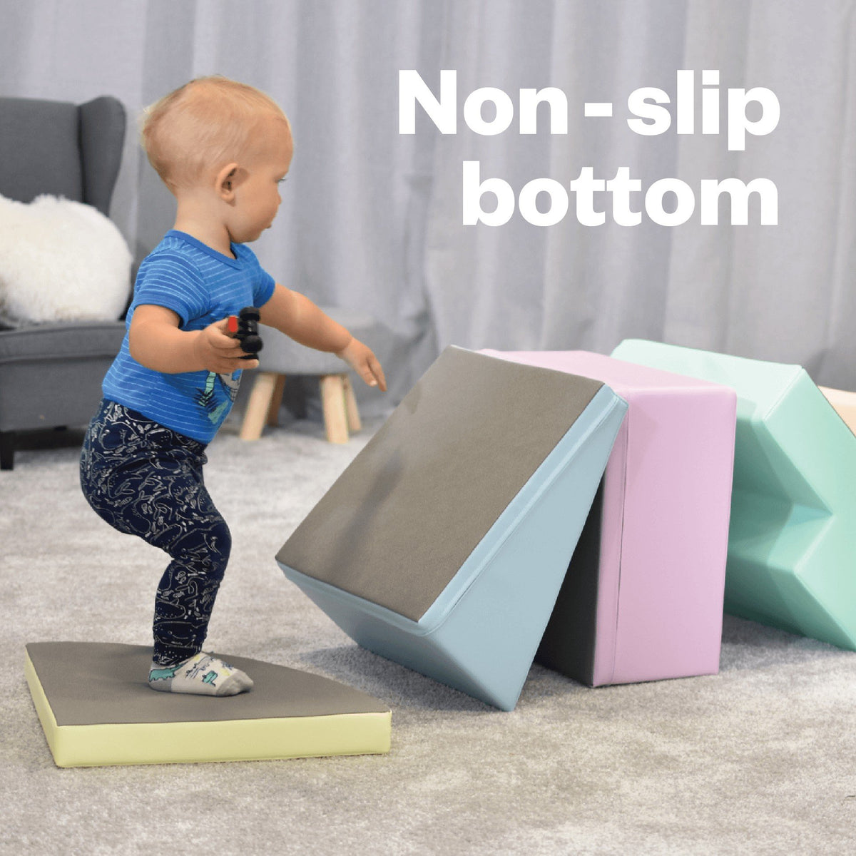 8. Child standing on IGLU pastel foam blocks with text 'Non-slip bottom' emphasizing safety features