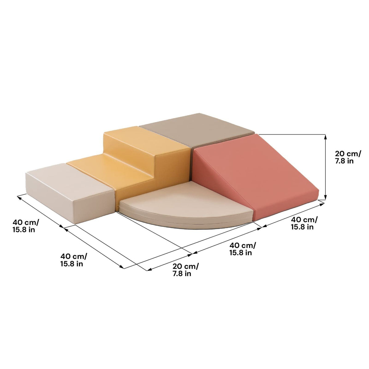6. Size chart for pastel pink corner climber foam block set with dimensions in centimeters and inches