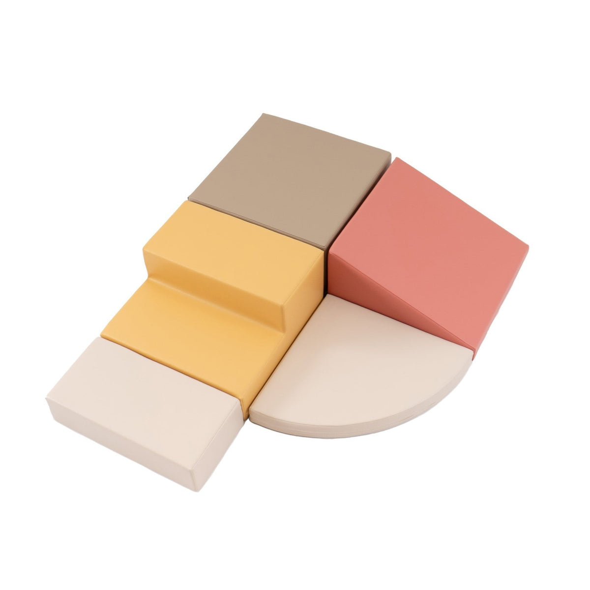 2. Top view of pastel pink and beige foam block set arranged in a corner climber configuration