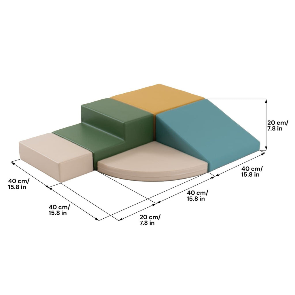 2. Size chart for IGLU Corner Climber showing dimensions in centimeters and inches for each foam block