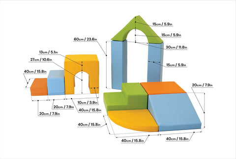 5. Size chart for IGLU foam block set showing dimensions in centimeters and inches