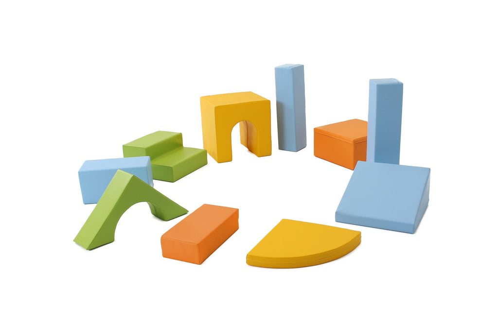 8. Flat lay of IGLU 10-piece foam block set in light multicolor showing various shapes