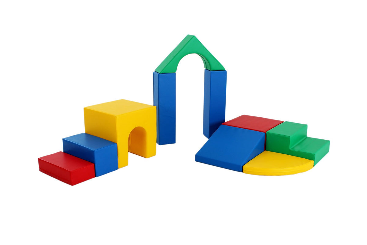 1. Multicolor foam block set arranged in various shapes on a white background