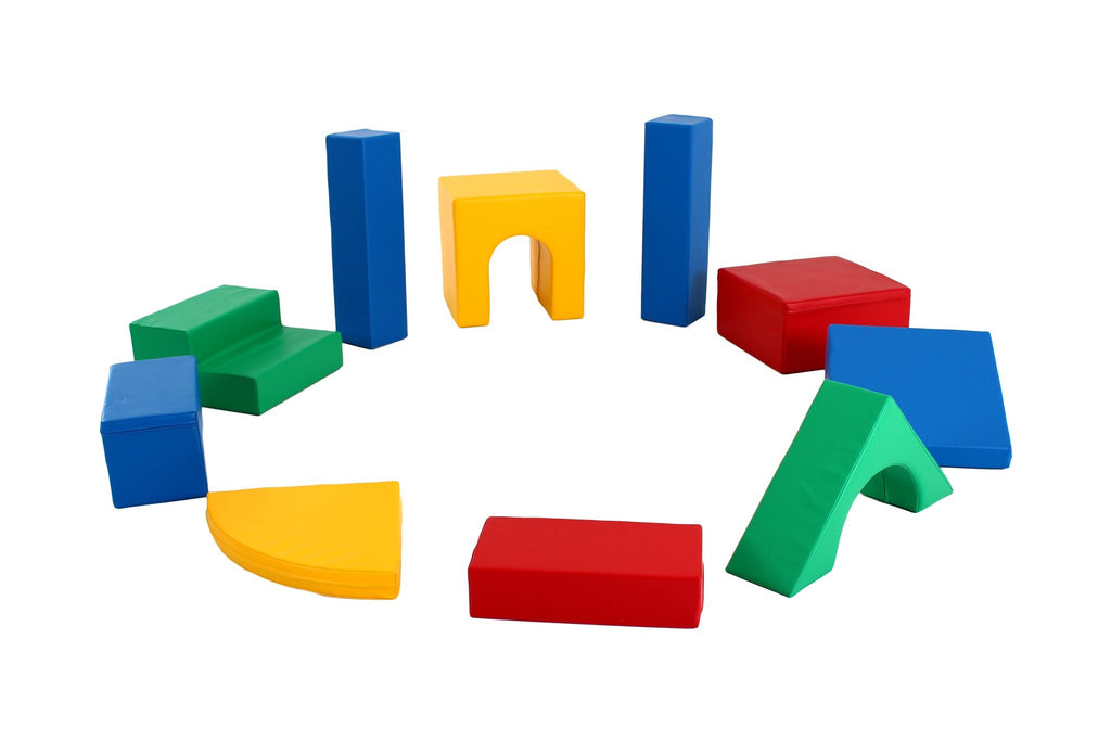 14. Multicolor foam blocks arranged in a circle on a white background