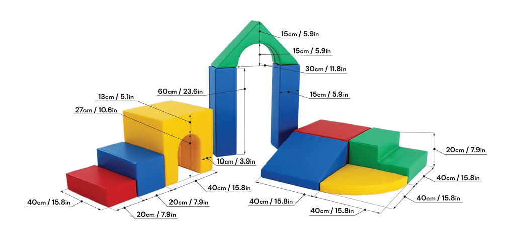 15. Size chart for multicolor foam block set showing dimensions in centimeters