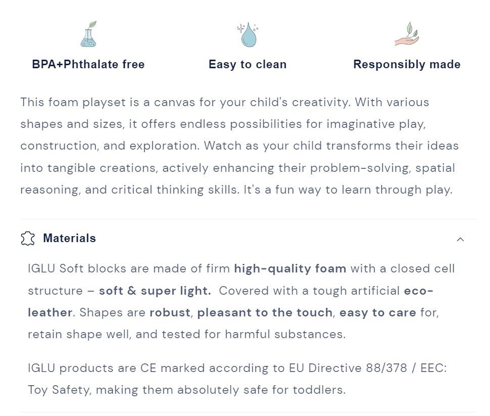 2. Text description of IGLU foam blocks highlighting BPA-free, easy to clean, and responsibly made features