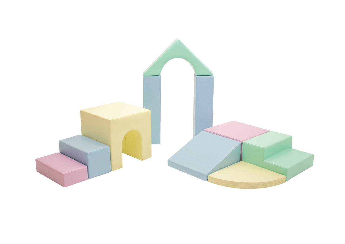 1. IGLU 10-piece foam block set in pastel colors arranged on a wooden deck, showcasing various shapes for creative play