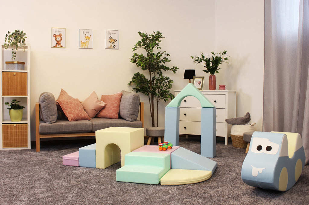 1. Pastel foam block set in a cozy living room setting with sofa and plants, ideal for children's play