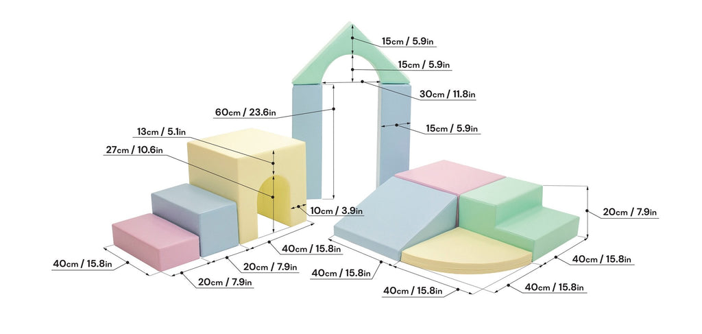 5. Size chart for IGLU foam block set showing dimensions in centimeters and inches