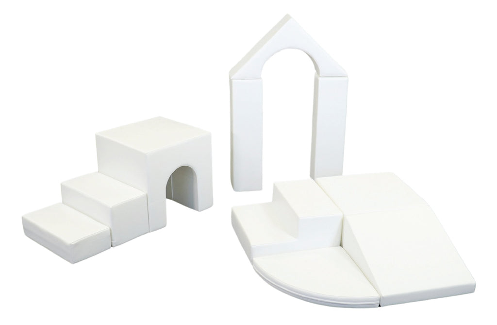 1. White foam block set arranged in various shapes on a white background, showcasing the IGLU Adventurer 10-piece playset