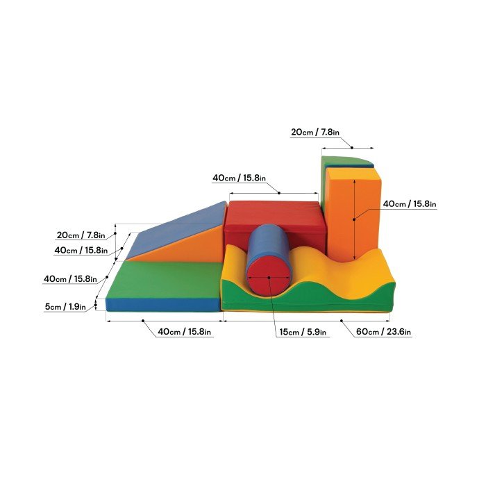 5. Size chart for multicolor foam block set with dimensions in centimeters