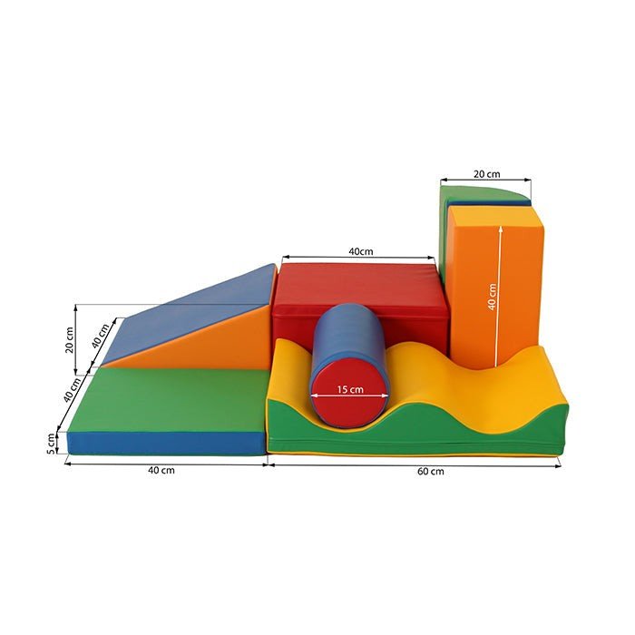5. Size chart for multicolor foam block set with dimensions in centimeters