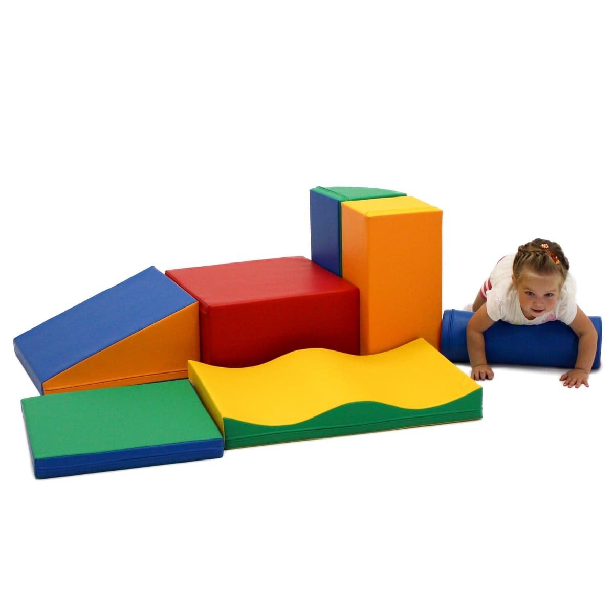 1. Child playing with multicolor foam blocks in a playroom setting