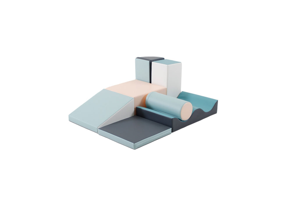 2. IGLU Discoverer 7-piece foam block set in light pastel colors shown from a side angle on a white background