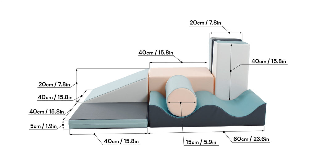 5. Size chart for IGLU Discoverer 7-piece foam block set showing dimensions in centimeters and inches for each block