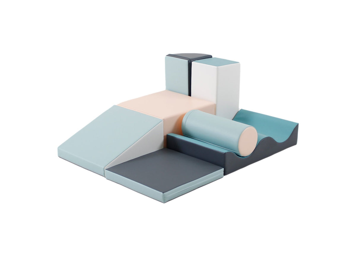 2. IGLU Discoverer 7-piece foam block set in light pastel colors shown from an angle on a white background highlighting the different shapes