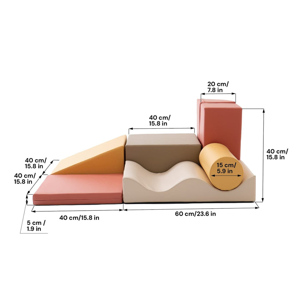 5. Size chart for IGLU Discoverer 7-piece pastel pink foam block set with dimensions in centimeters and inches