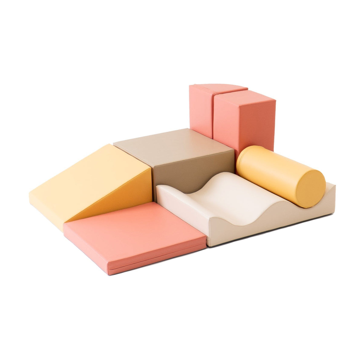 2. IGLU Discoverer 7-piece pastel pink foam block set arranged in a creative layout on a white background