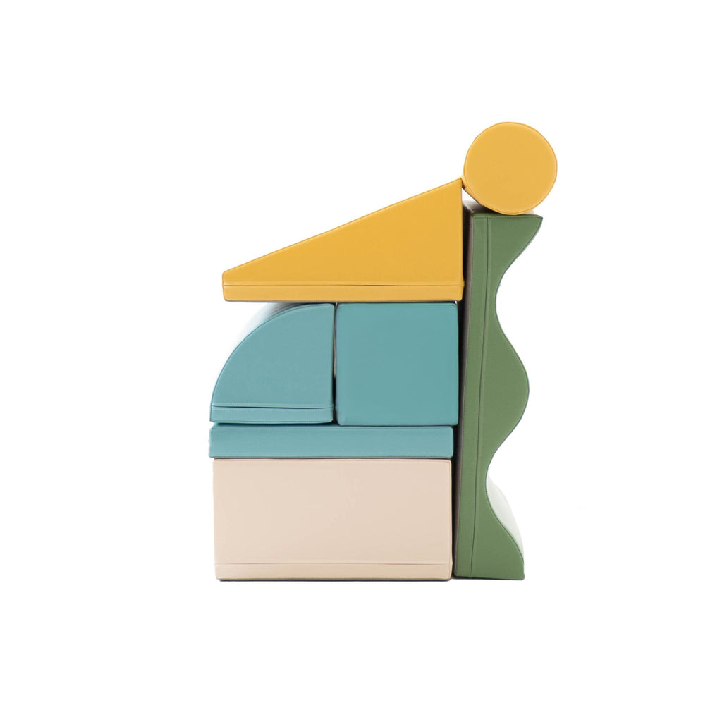 2. Side view of IGLU Discoverer foam block set stacked in pastel turquoise, yellow, and green on a white background