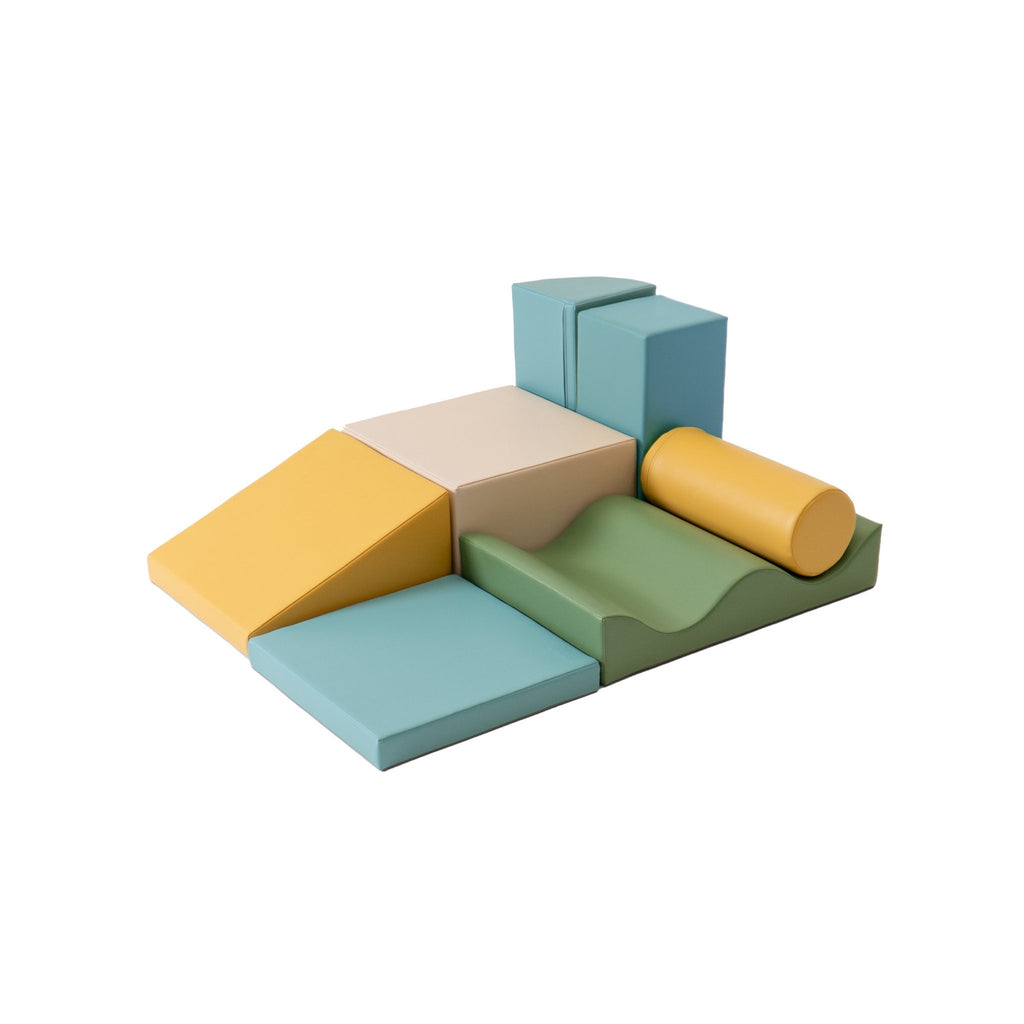 7. IGLU Discoverer 7-piece foam block set in pastel colors arranged in a structured layout