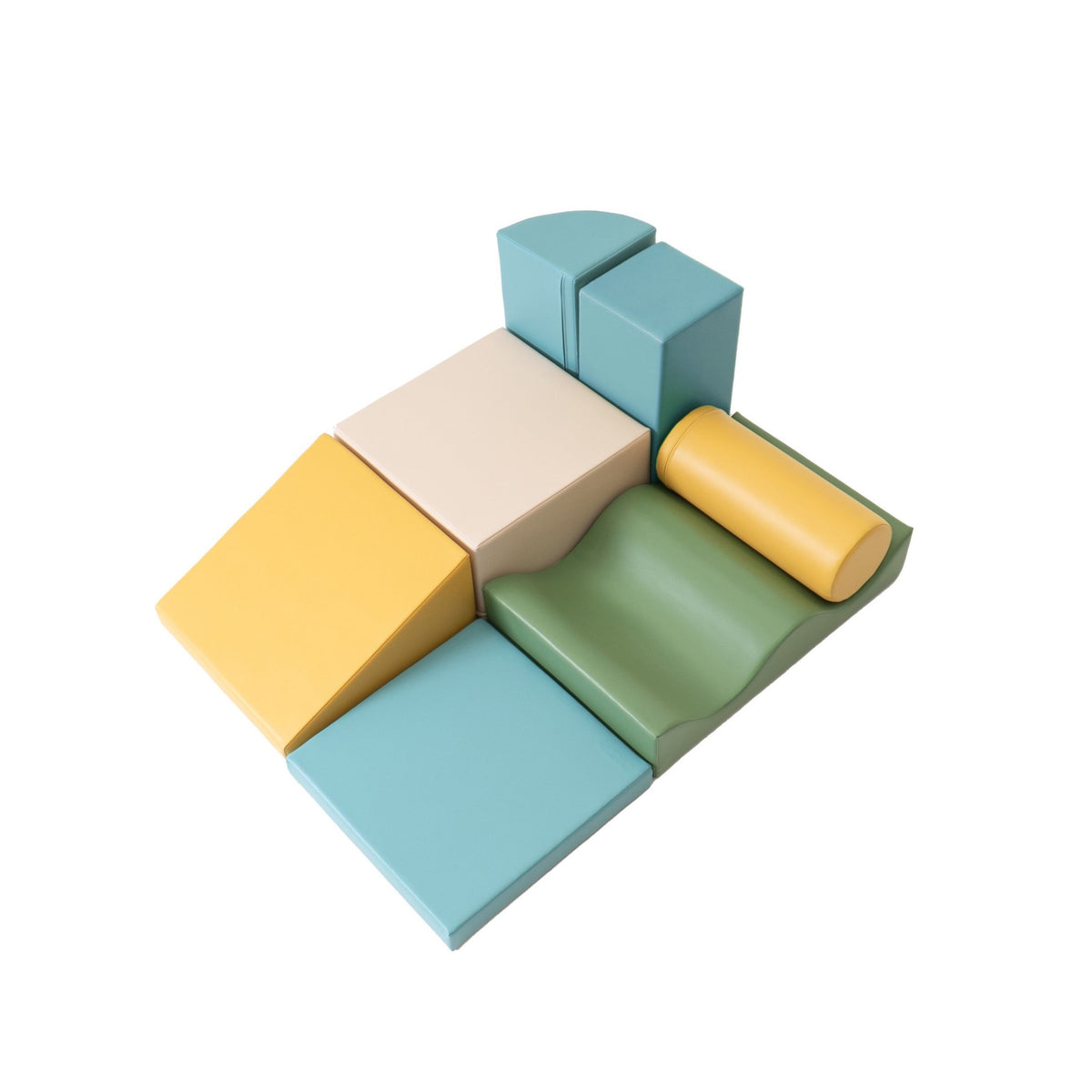 3. Top view of IGLU Discoverer 7-piece foam block set in pastel colors arranged in a creative layout