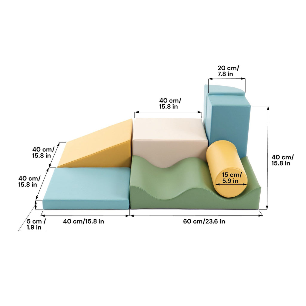 8. Size chart for IGLU Discoverer foam block set showing dimensions in centimeters and inches