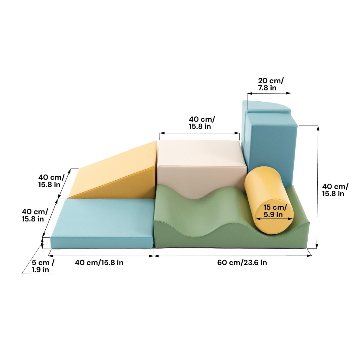 8. Size chart for IGLU Discoverer foam block set showing dimensions in centimeters and inches