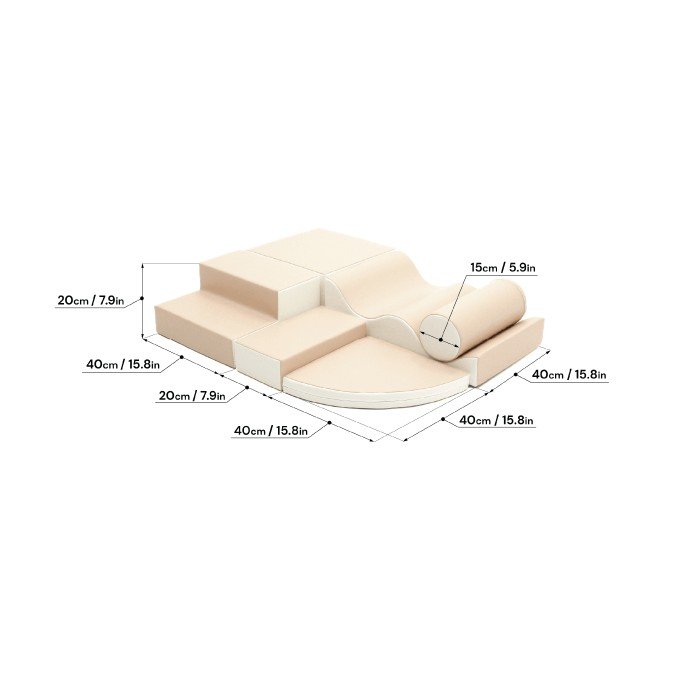 5. Size chart for IGLU beige foam block set with dimensions in both centimeters and inches