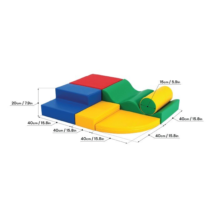 5. Size chart for multicolor foam block set with dimensions in centimeters