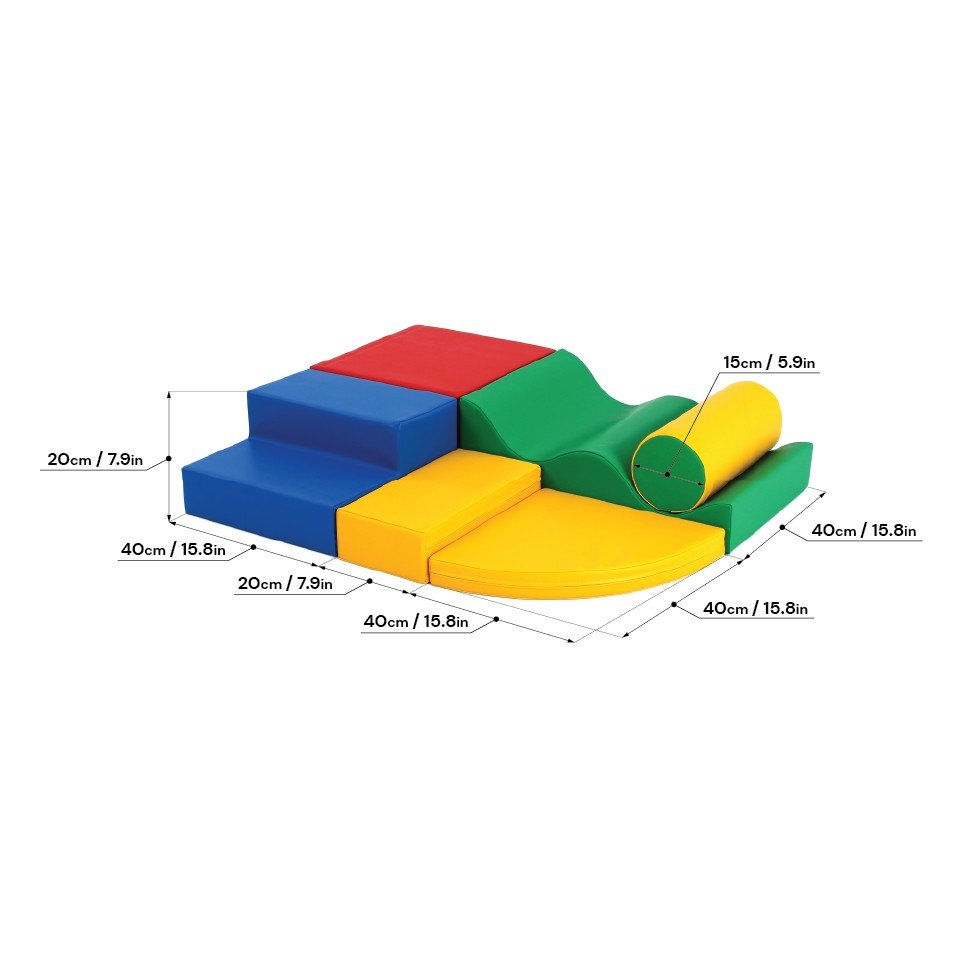 5. Size chart for multicolor foam block set with dimensions in centimeters