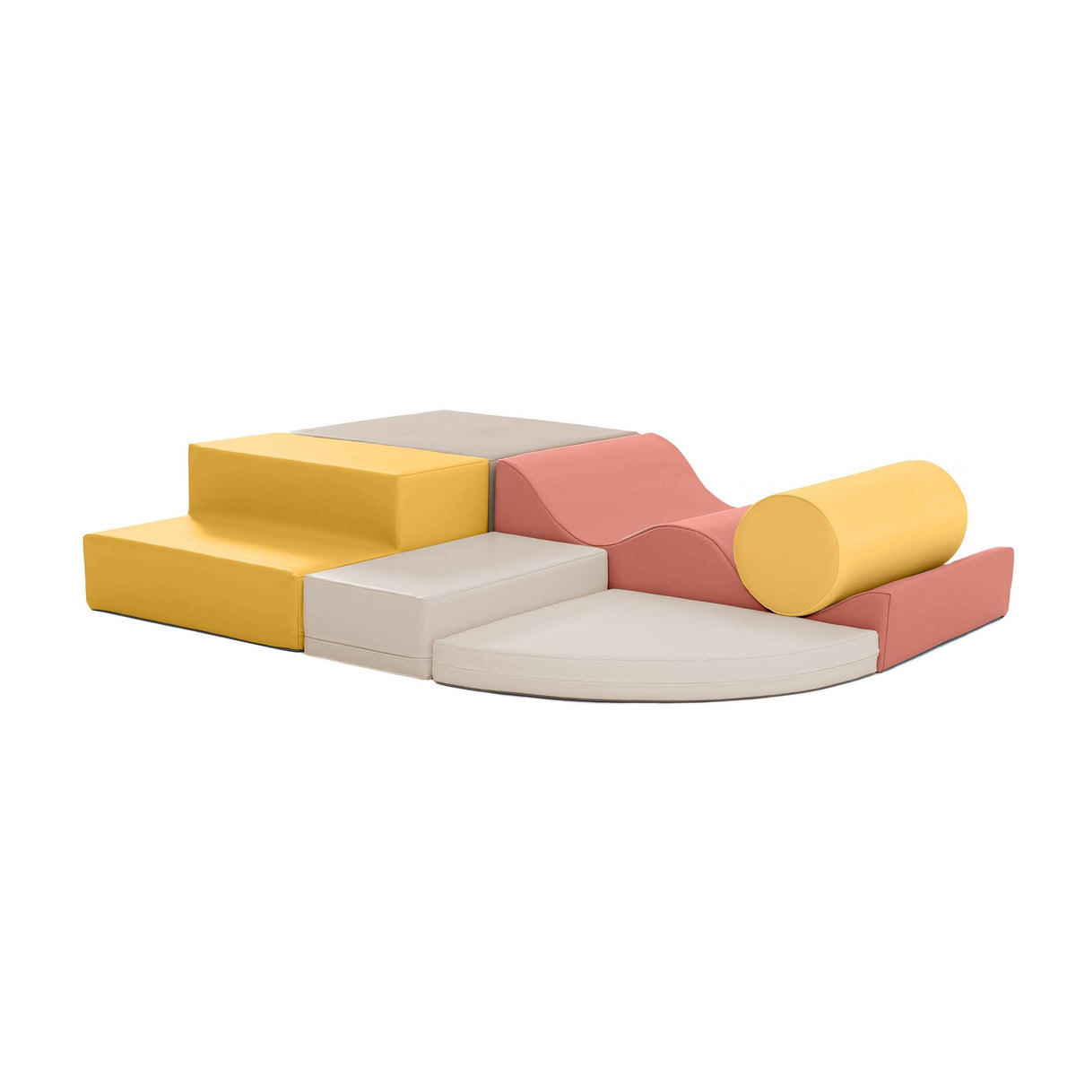 1. Pastel pink and yellow foam block set arranged in a play area for toddlers