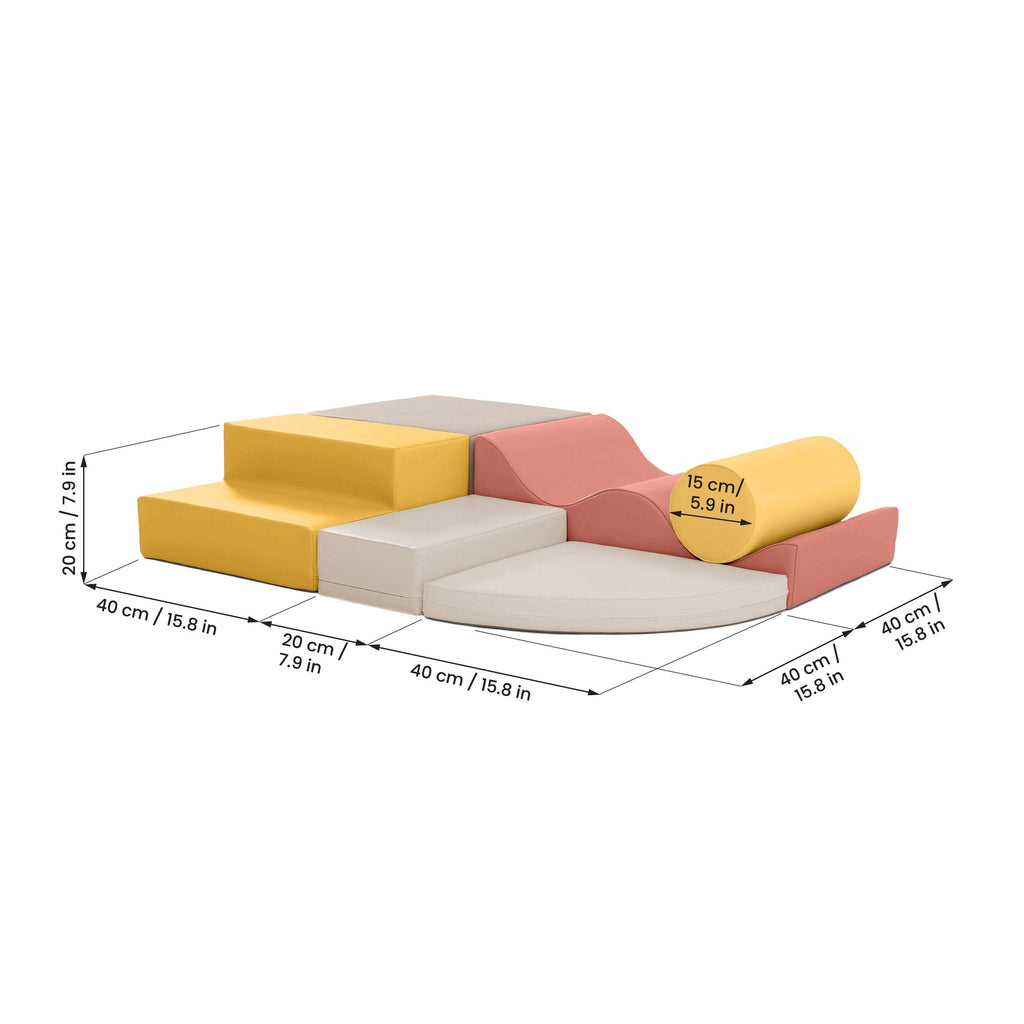 5. Size chart for pastel pink and yellow foam block set with dimensions