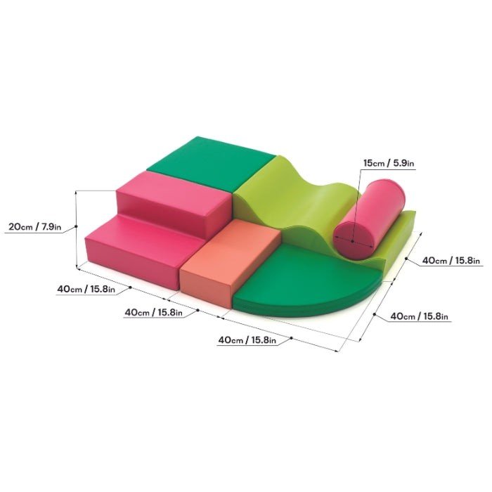 4. Size chart for IGLU Explorer set showing dimensions of pink and green foam blocks in centimeters